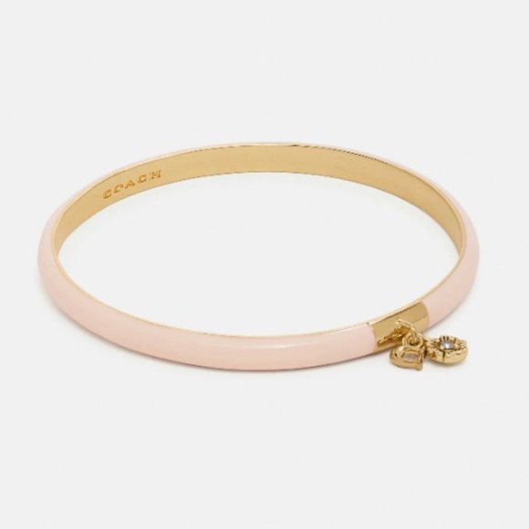 Coach Pink Tea Rose Bangle Bracelet Enamel Charm Crystal Layer Jewelry Gold - Picture 1 of 5